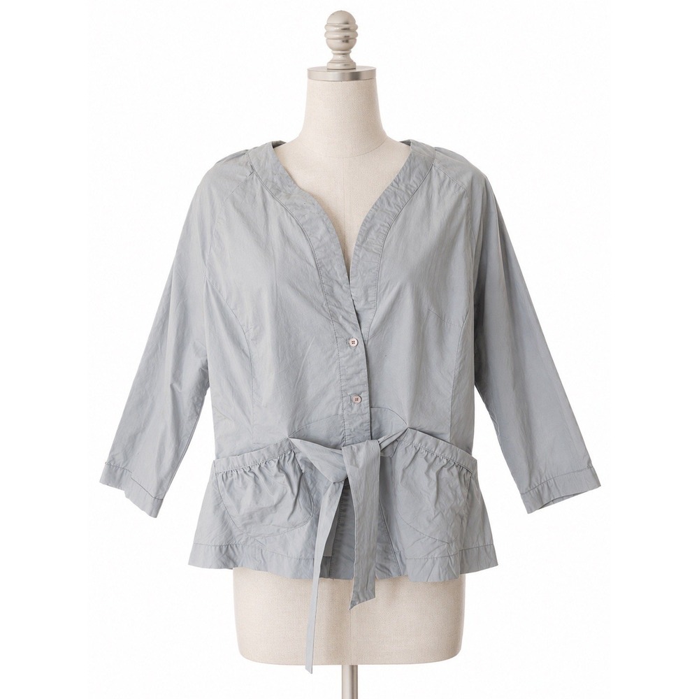 Tristan & Iseut‎ Lightweight Cotton Tie Front Blouse Gray SZ L Minimalist Lagen